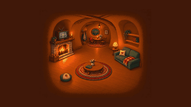 A cozy underground mouse den with a fireplace, a television, a couch, and a braided rug.